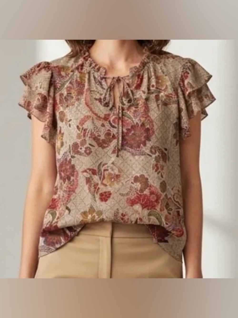 Joie Floral Blouse Size M Flutter Sleeve Neck Tie Metallic Thread Light Brown